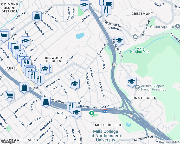 map of restaurants, bars, coffee shops, grocery stores, and more near 4601 Fair Avenue in Oakland