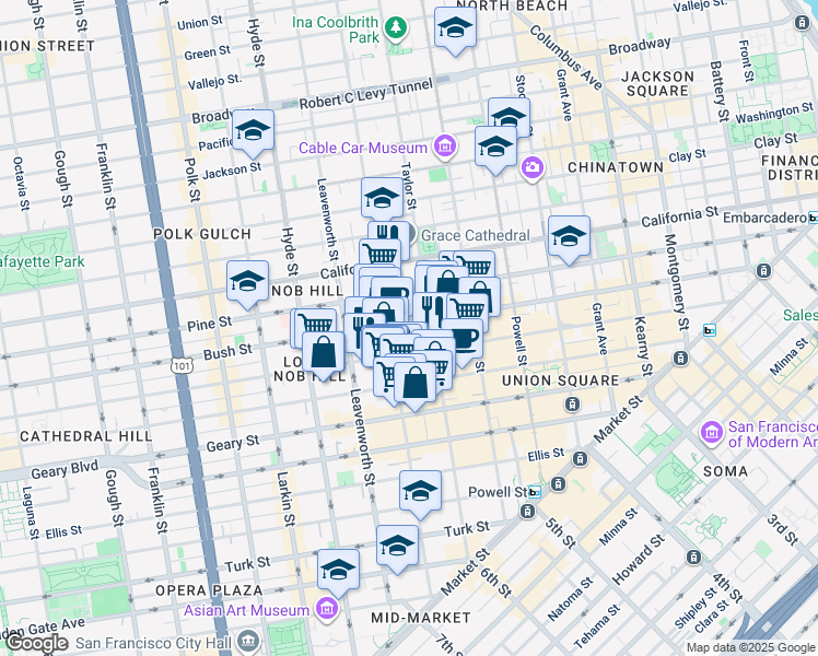 map of restaurants, bars, coffee shops, grocery stores, and more near 955 Bush Street in San Francisco