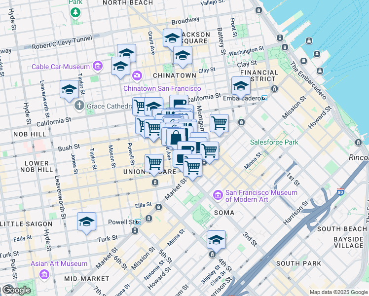 map of restaurants, bars, coffee shops, grocery stores, and more near 255 Sutter Street in San Francisco