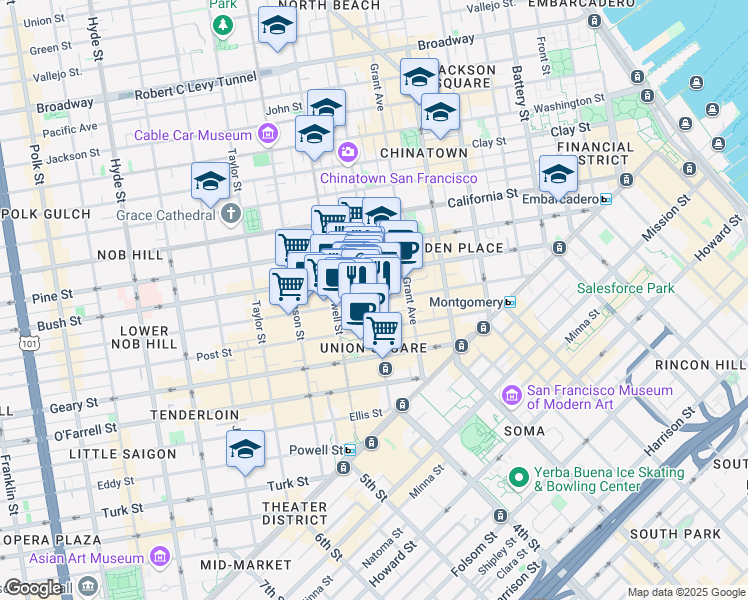 map of restaurants, bars, coffee shops, grocery stores, and more near 401 Stockton Street in San Francisco