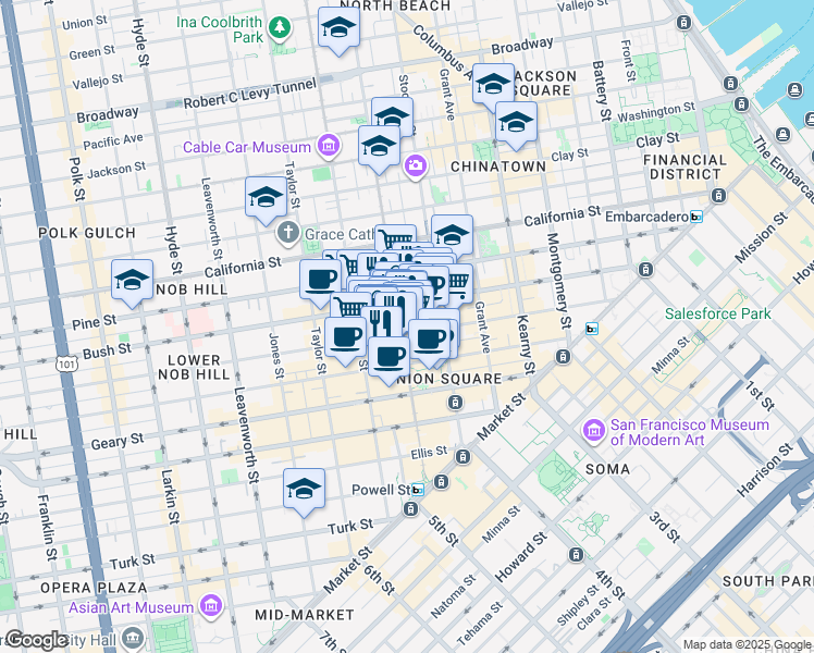 map of restaurants, bars, coffee shops, grocery stores, and more near 480S Sutter Street in San Francisco