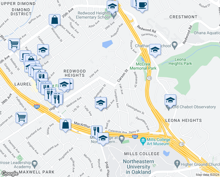 map of restaurants, bars, coffee shops, grocery stores, and more near 4436 Hyacinth Avenue in Oakland