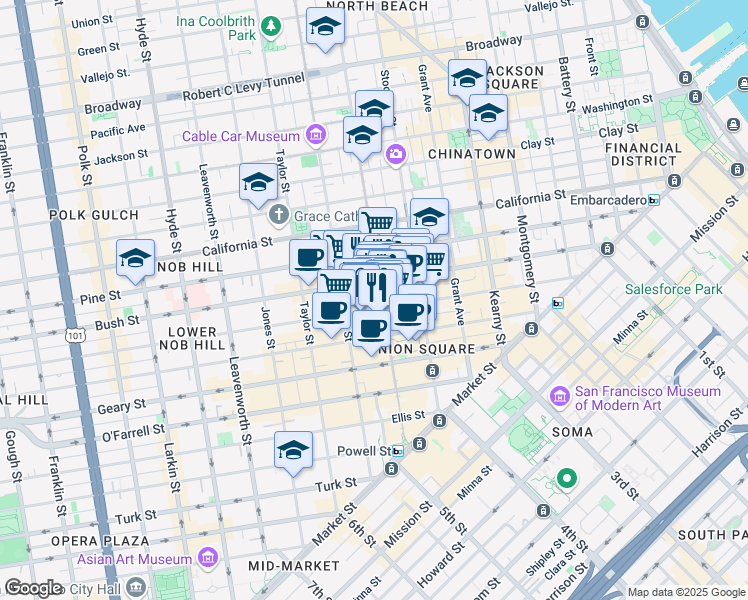 map of restaurants, bars, coffee shops, grocery stores, and more near 500 Sutter Street in San Francisco