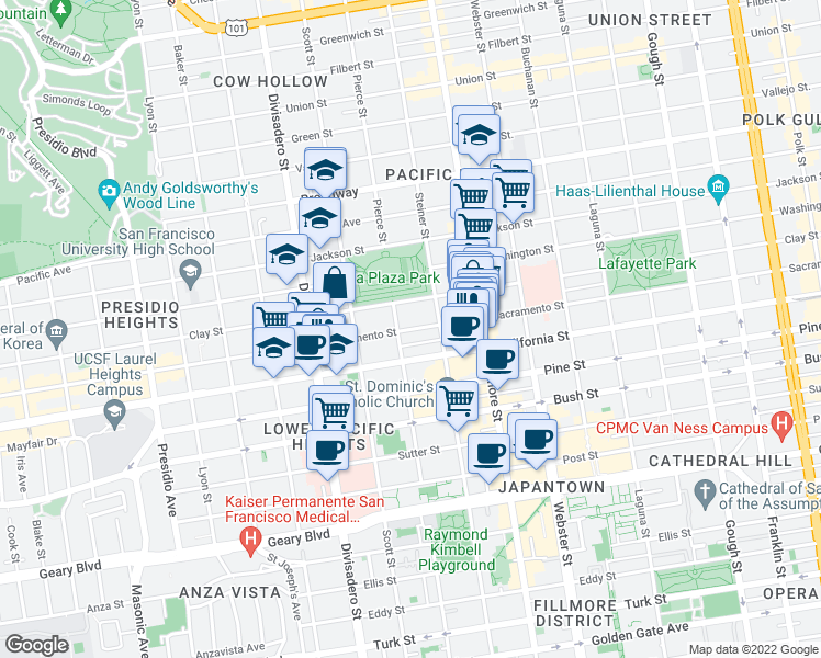 map of restaurants, bars, coffee shops, grocery stores, and more near 2626 Sacramento St in San Francisco