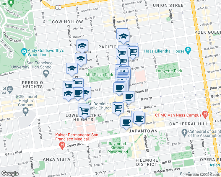 map of restaurants, bars, coffee shops, grocery stores, and more near 2611 Sacramento Street in San Francisco