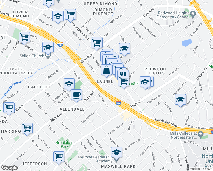 map of restaurants, bars, coffee shops, grocery stores, and more near in Oakland