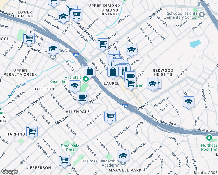 map of restaurants, bars, coffee shops, grocery stores, and more near 3429 38th Avenue in Oakland