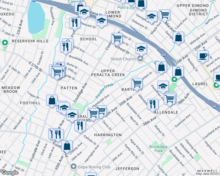 map of restaurants, bars, coffee shops, grocery stores, and more near 2509 Humboldt Avenue in Oakland