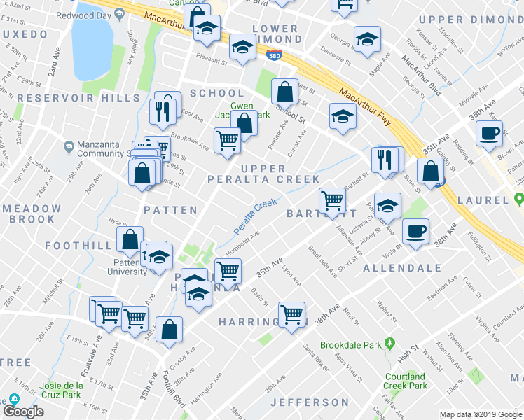 map of restaurants, bars, coffee shops, grocery stores, and more near 2509 Humboldt Avenue in Oakland