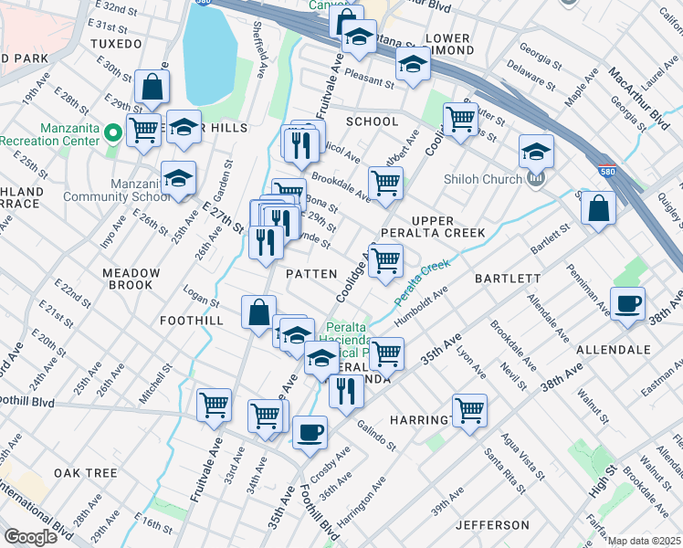 map of restaurants, bars, coffee shops, grocery stores, and more near 2717 Coolidge Avenue in Oakland