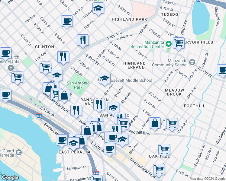 map of restaurants, bars, coffee shops, grocery stores, and more near 1920 20th Avenue in Oakland