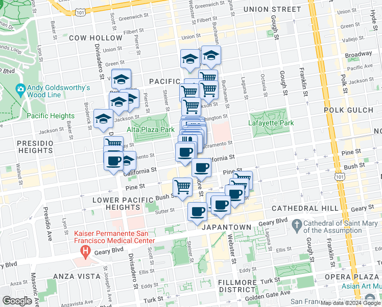 map of restaurants, bars, coffee shops, grocery stores, and more near in San Francisco