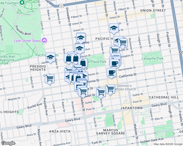 map of restaurants, bars, coffee shops, grocery stores, and more near 2107 Scott Street in San Francisco