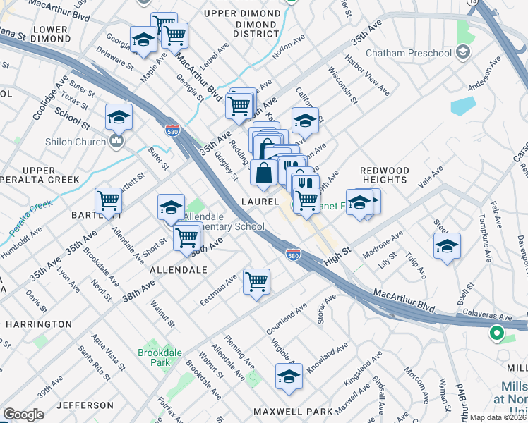 map of restaurants, bars, coffee shops, grocery stores, and more near in Oakland