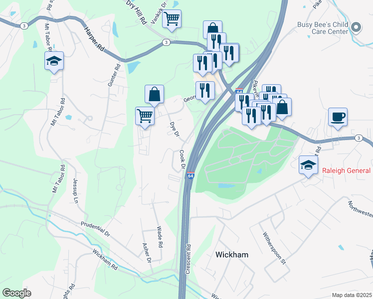 map of restaurants, bars, coffee shops, grocery stores, and more near 339 Harper Park Drive in Beckley
