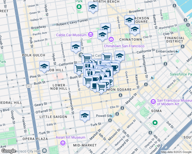 map of restaurants, bars, coffee shops, grocery stores, and more near in San Francisco