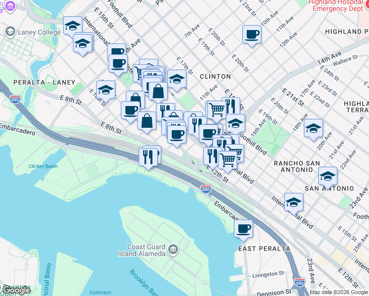 map of restaurants, bars, coffee shops, grocery stores, and more near 1234 East 12th Street in Oakland