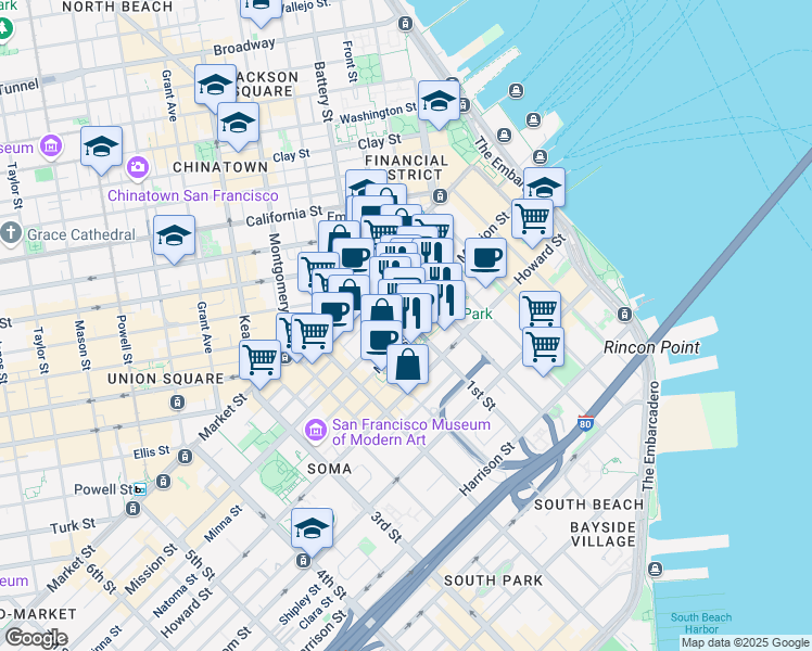 map of restaurants, bars, coffee shops, grocery stores, and more near 100 1st Street in San Francisco
