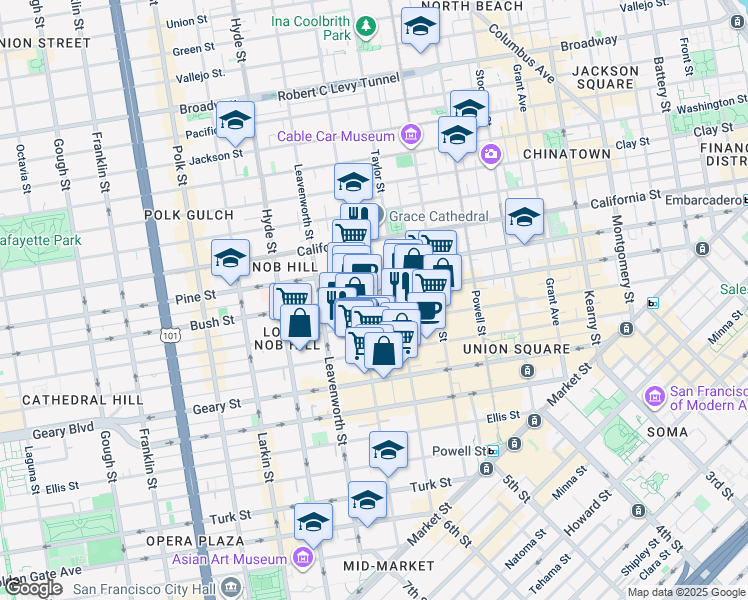 map of restaurants, bars, coffee shops, grocery stores, and more near 969 Bush Street in San Francisco