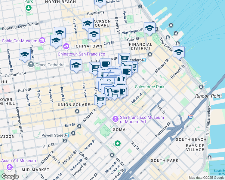 map of restaurants, bars, coffee shops, grocery stores, and more near 578 Market Street in San Francisco