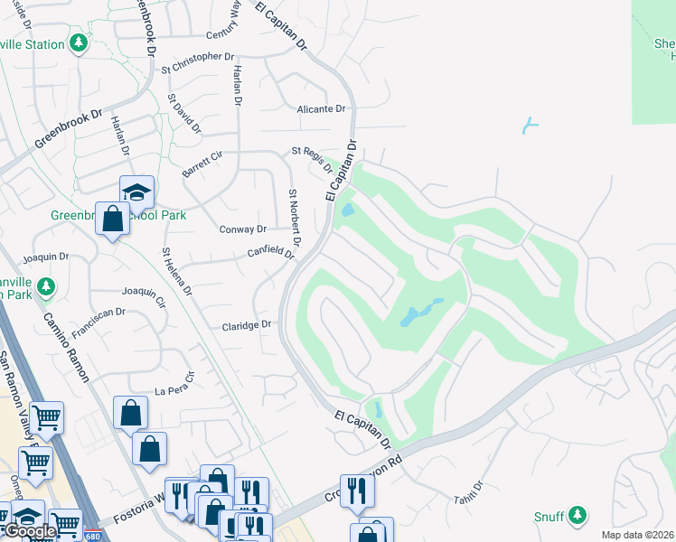 map of restaurants, bars, coffee shops, grocery stores, and more near 521 Rolling Hills Lane in Danville