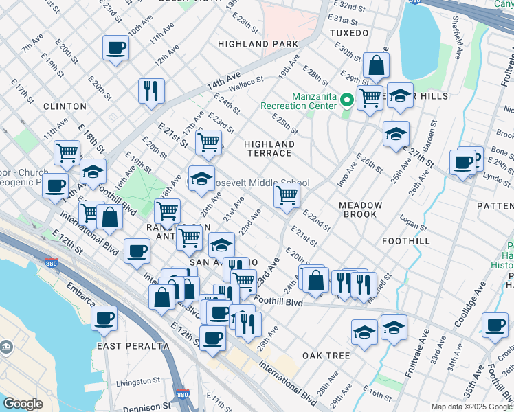 map of restaurants, bars, coffee shops, grocery stores, and more near 2047 22nd Avenue in Oakland