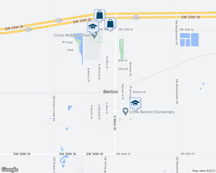 map of restaurants, bars, coffee shops, grocery stores, and more near 130 North Ohio Street in Benton