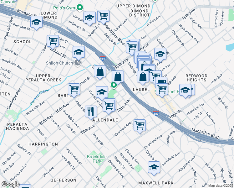 map of restaurants, bars, coffee shops, grocery stores, and more near 3229 Star Avenue in Oakland