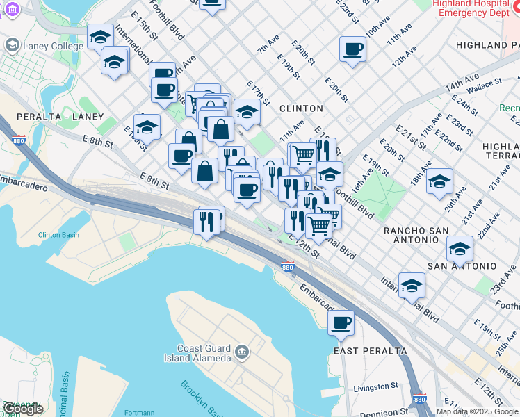 map of restaurants, bars, coffee shops, grocery stores, and more near 1254 East 12th Street in Oakland