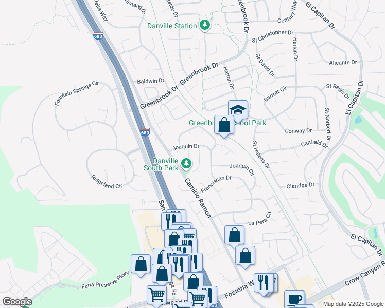 map of restaurants, bars, coffee shops, grocery stores, and more near 21 Velasco Court in Danville