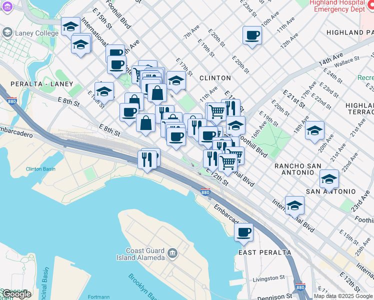 map of restaurants, bars, coffee shops, grocery stores, and more near 1254 East 12th Street in Oakland