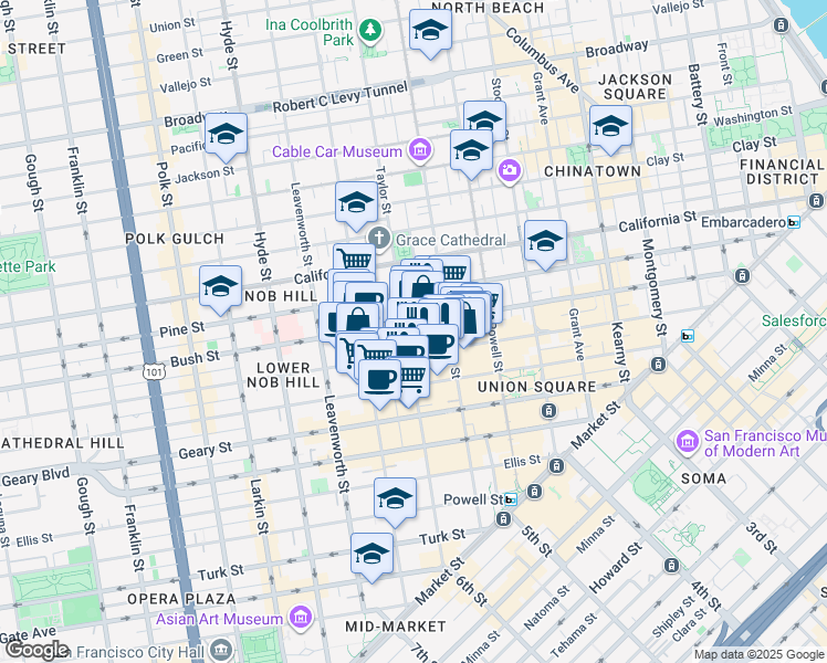 map of restaurants, bars, coffee shops, grocery stores, and more near 895 Bush Street in San Francisco