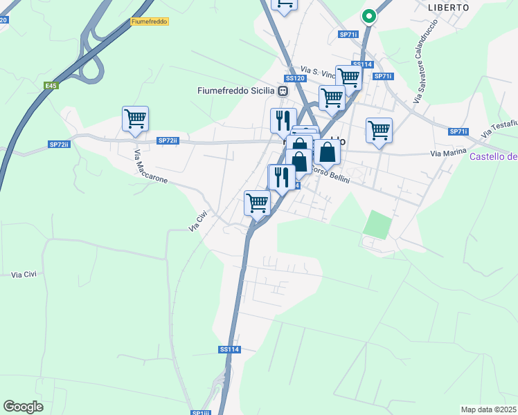 map of restaurants, bars, coffee shops, grocery stores, and more near 276 Via Principe di Piemonte in Fiumefreddo Sicilia
