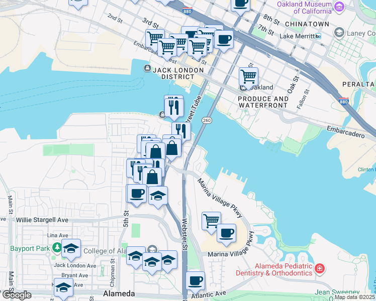 map of restaurants, bars, coffee shops, grocery stores, and more near 2381 Mariner Square Drive in Alameda