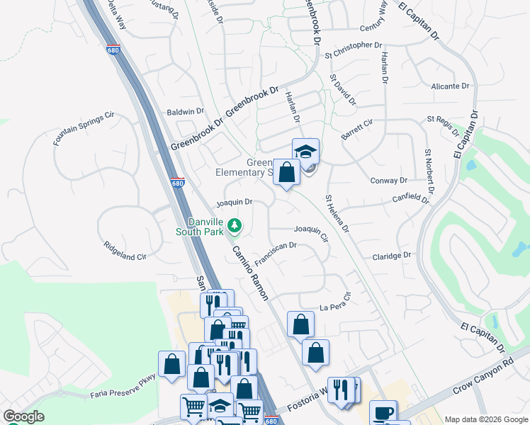 map of restaurants, bars, coffee shops, grocery stores, and more near 204 Joaquin Drive in Danville