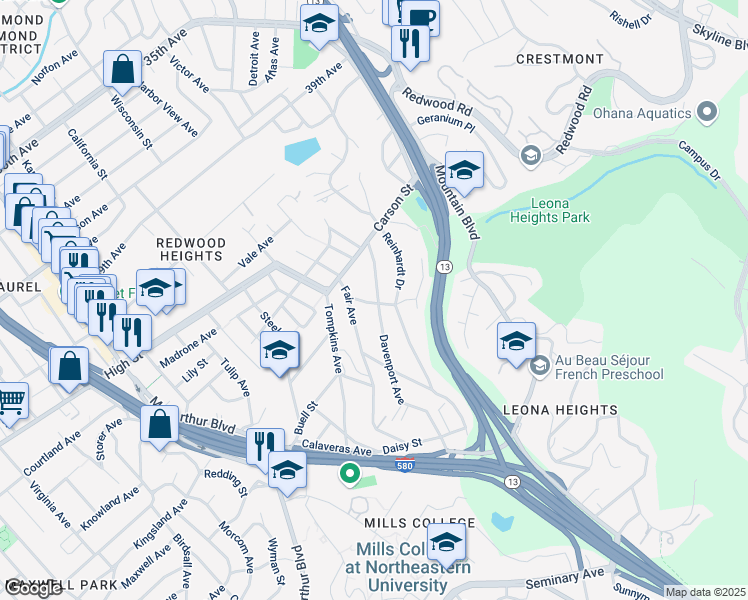 map of restaurants, bars, coffee shops, grocery stores, and more near 4642 Kaphan Avenue in Oakland