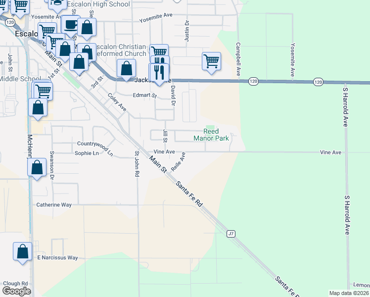 map of restaurants, bars, coffee shops, grocery stores, and more near 2330 Vine Avenue in Escalon