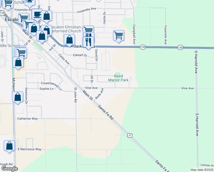 map of restaurants, bars, coffee shops, grocery stores, and more near 2330 Vine Avenue in Escalon