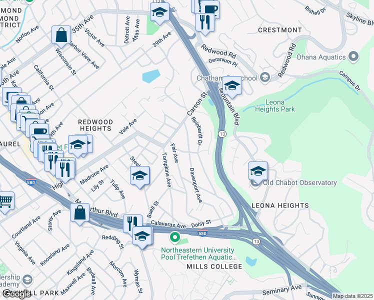 map of restaurants, bars, coffee shops, grocery stores, and more near 4642 Kaphan Avenue in Oakland