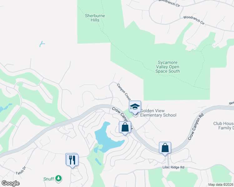 map of restaurants, bars, coffee shops, grocery stores, and more near 627 Canyon Crest Road West in San Ramon