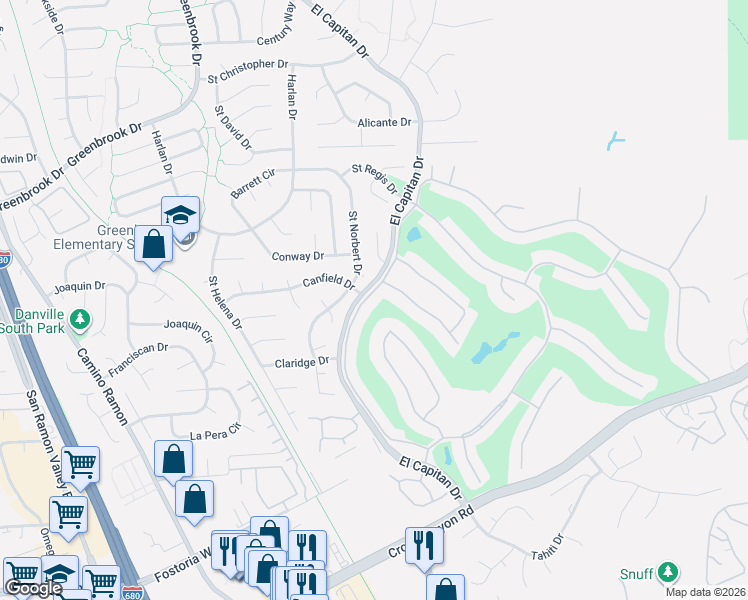 map of restaurants, bars, coffee shops, grocery stores, and more near 1856 Saint George Road in Danville