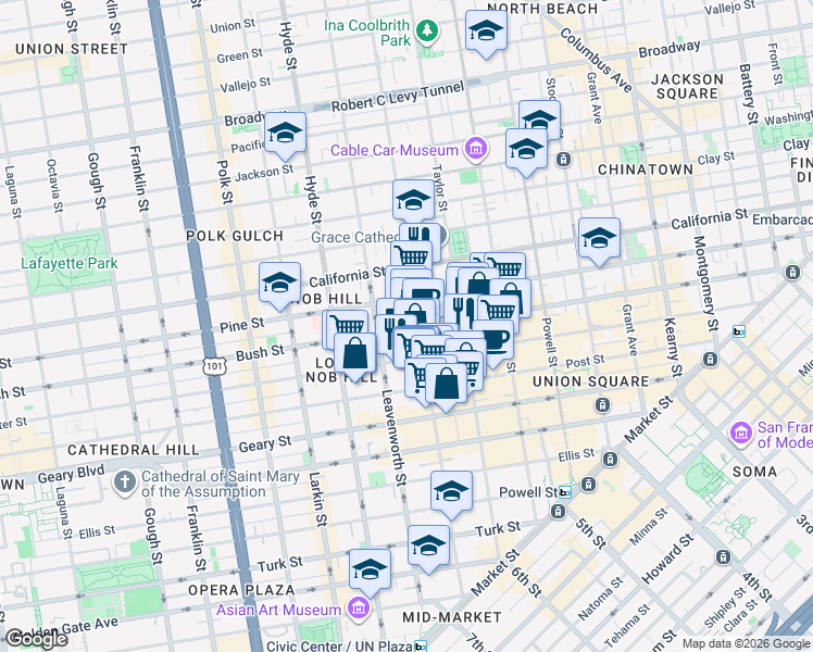 map of restaurants, bars, coffee shops, grocery stores, and more near in San Francisco