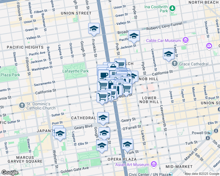 map of restaurants, bars, coffee shops, grocery stores, and more near 1501 Van Ness Avenue in San Francisco