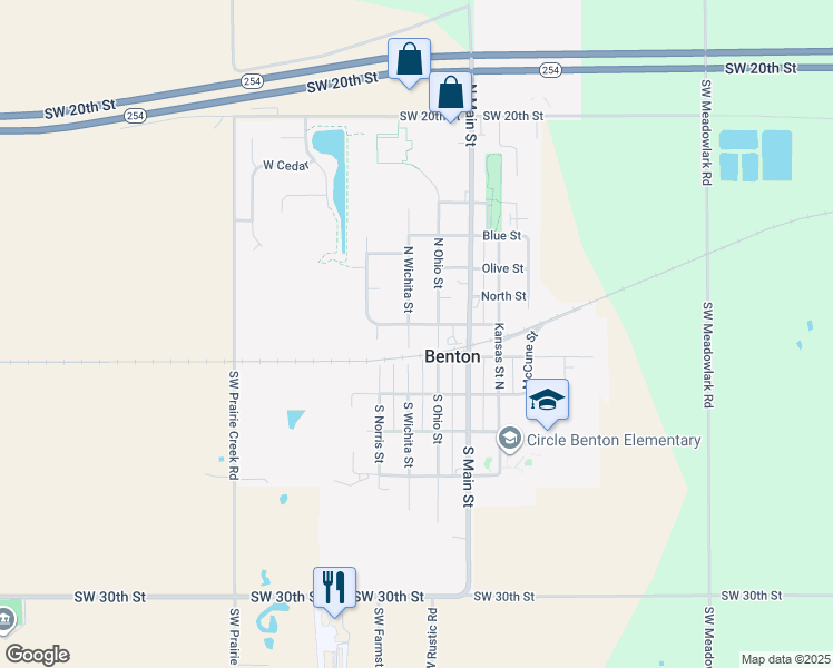 map of restaurants, bars, coffee shops, grocery stores, and more near 140 North Wichita Street in Benton