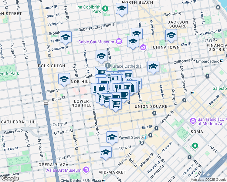 map of restaurants, bars, coffee shops, grocery stores, and more near 901 Bush Street in San Francisco