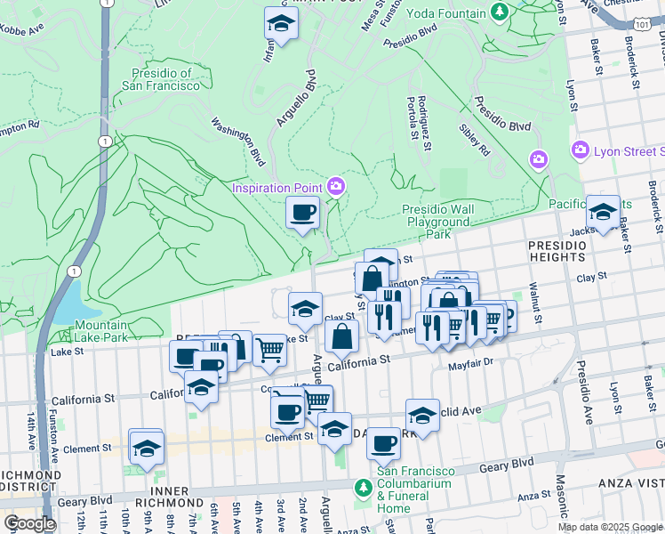 map of restaurants, bars, coffee shops, grocery stores, and more near 3858 Jackson Street in San Francisco