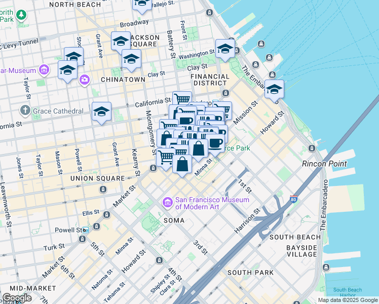 map of restaurants, bars, coffee shops, grocery stores, and more near 526 Mission Street in San Francisco