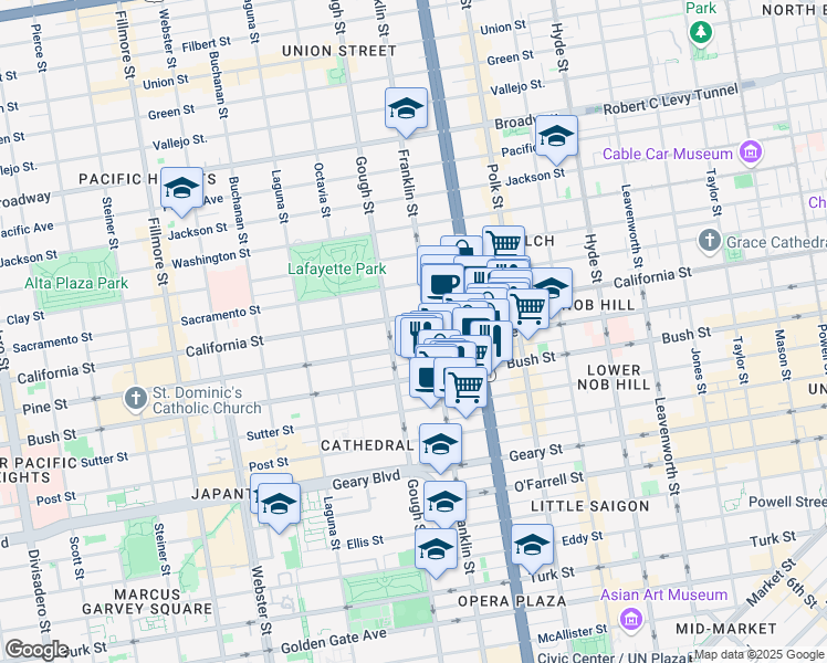 map of restaurants, bars, coffee shops, grocery stores, and more near 1817 California Street in San Francisco