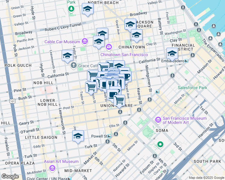 map of restaurants, bars, coffee shops, grocery stores, and more near 432 Sutter Street in San Francisco