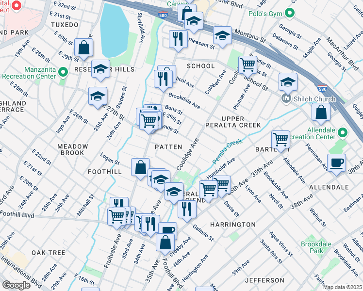 map of restaurants, bars, coffee shops, grocery stores, and more near 2717 Coolidge Avenue in Oakland
